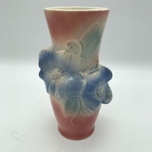 Vintage Royal Copley Pottery Carol's Corsage Pink Blue Floral Relief Vase 7 inch